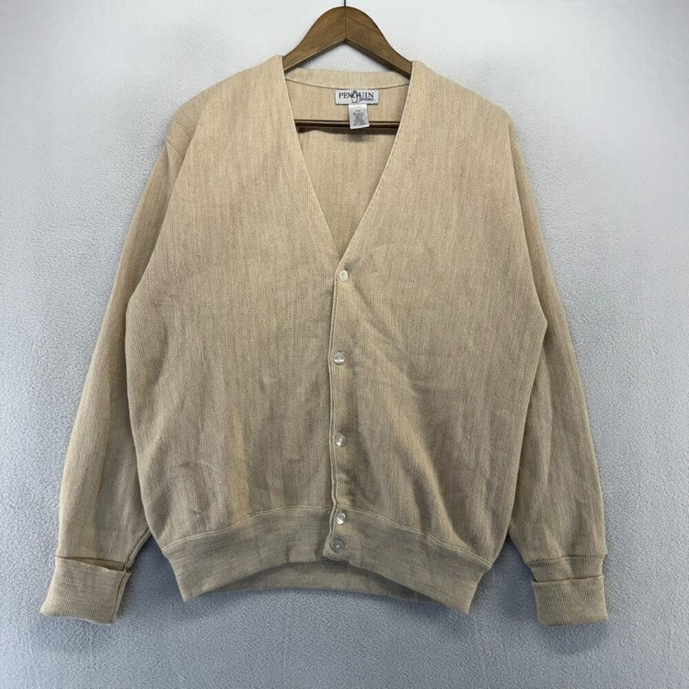 Vintage Penguin Cardigan Sweater men's Medium Tan Beige Solid Grandpa Golf 90s